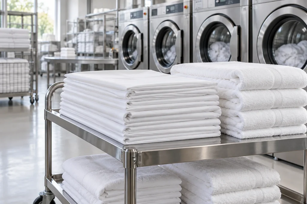 Folded white business linen on a trolley beside commercial washing machines