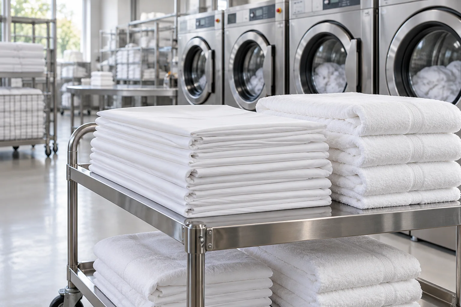 Folded white business linen on a trolley beside commercial washing machines