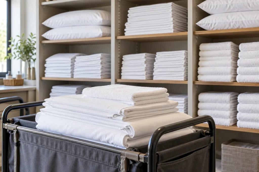 Organised shelves of white bed linen and towels with a hotel housekeeping trolley