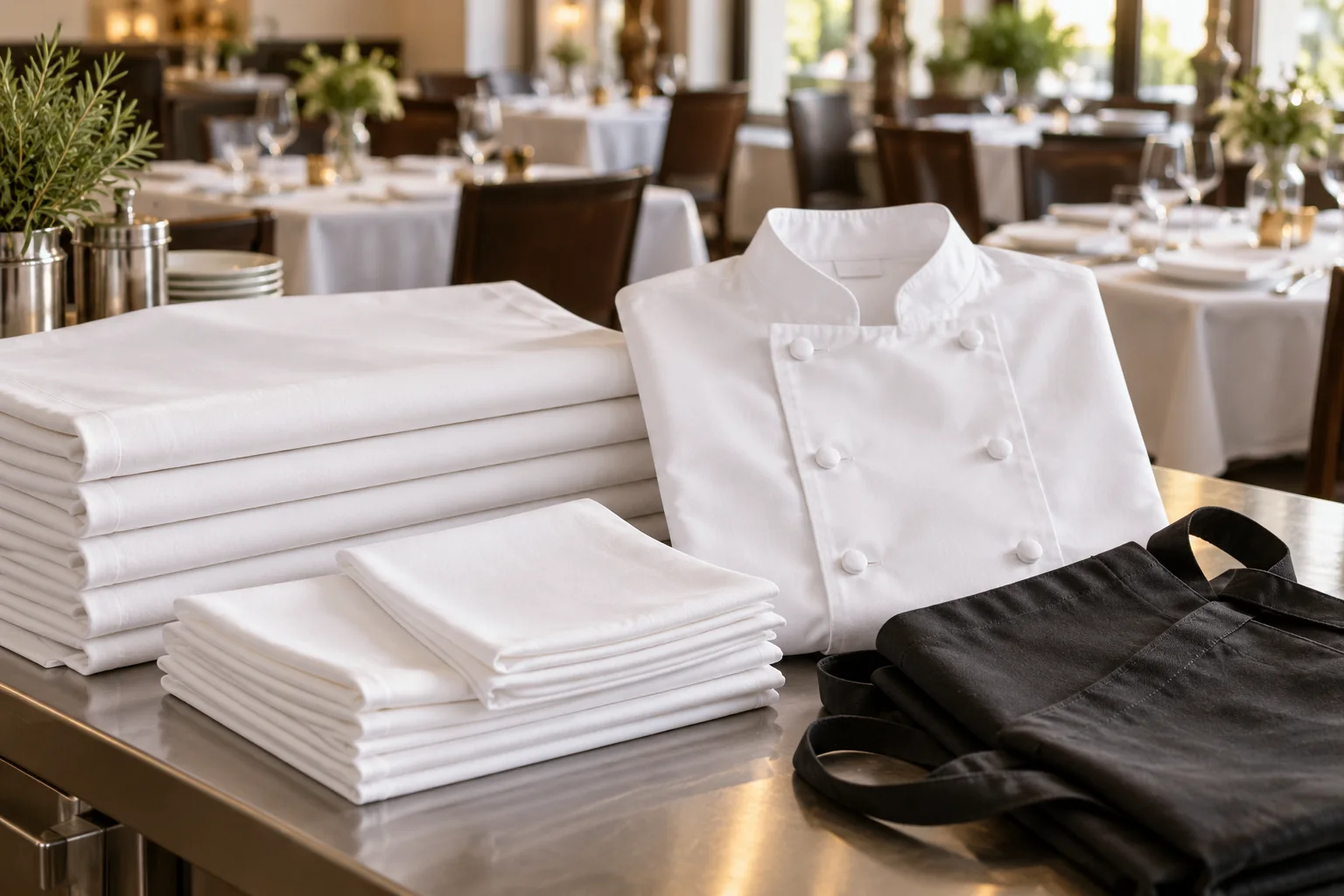 Folded restaurant table linen beside a white chef jacket and dark apron